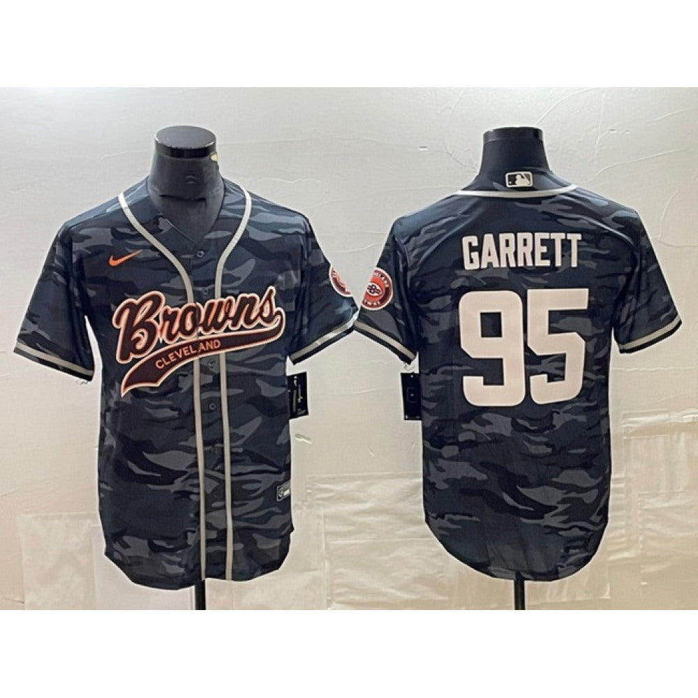 Men's Cleveland Browns #95 Myles Garrett Grey Camo With Patch Cool Base Stitched Baseball Jersey 