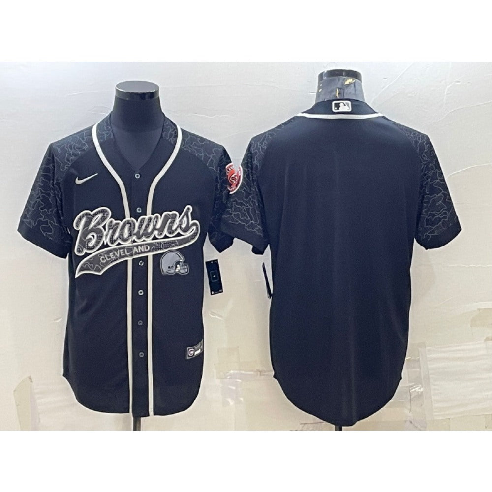 Men's Cleveland Browns Blank Black Reflective With Patch Cool Base Stitched Baseball Jersey 