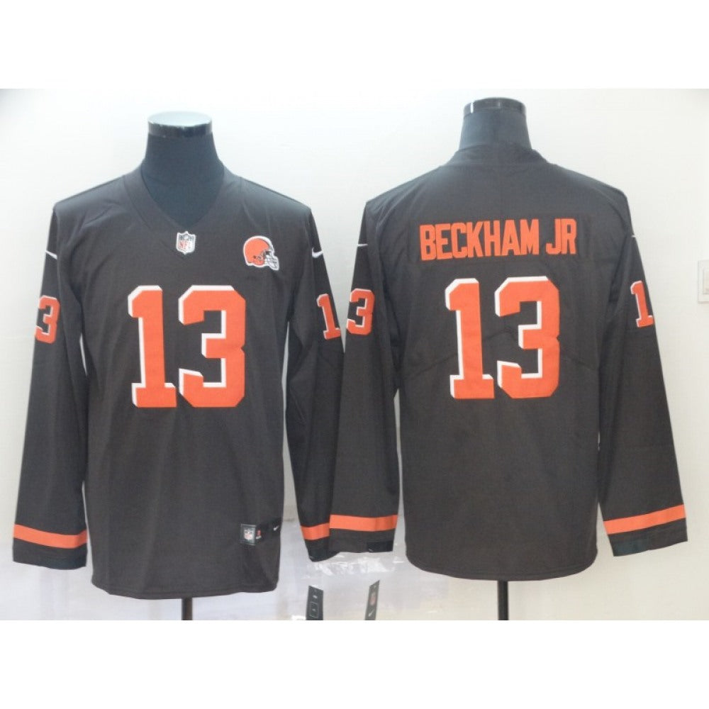 Men's Cleveland Browns #13 Odell Beckham Jr. Brown Therma Long Sleeve Stitched NFL Jersey 