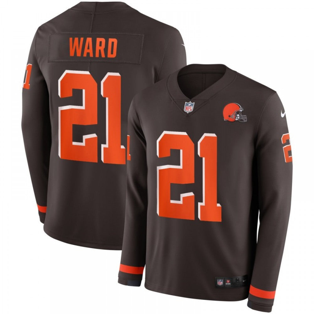 Men's Cleveland Browns #21 Denzel Ward Brown Therma Long Sleeve Stitched NFL Jersey 