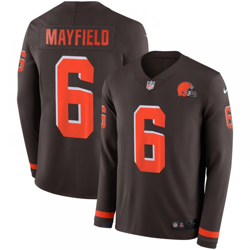 Men's Cleveland Browns #6 Baker Mayfield Brown Therma Long Sleeve Stitched NFL Jersey 