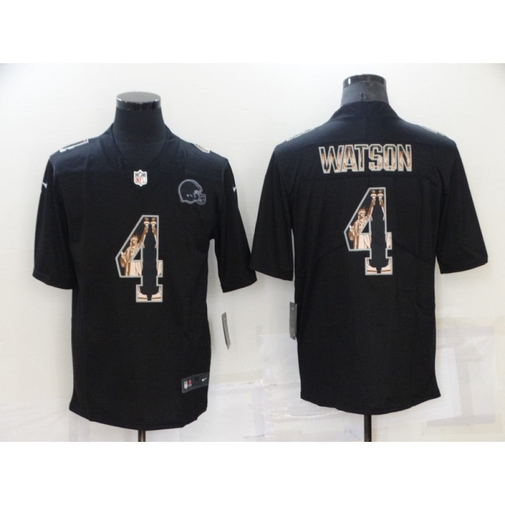 Men's Cleveland Browns #4 Deshaun Watson Black Statue of Liberty Limited Stitched Jersey 
