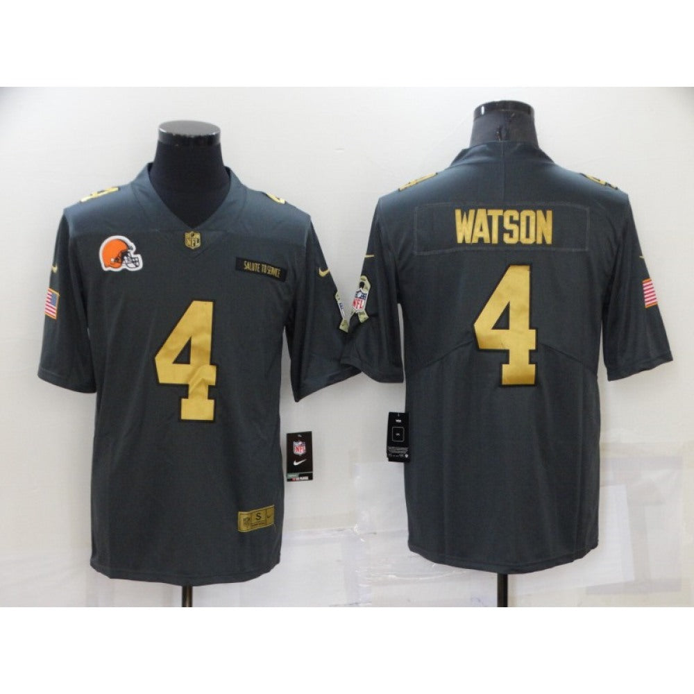 Men's Cleveland Browns #4 Deshaun Watson Grey/Gold Salute To Service Limited Stitched Jersey 