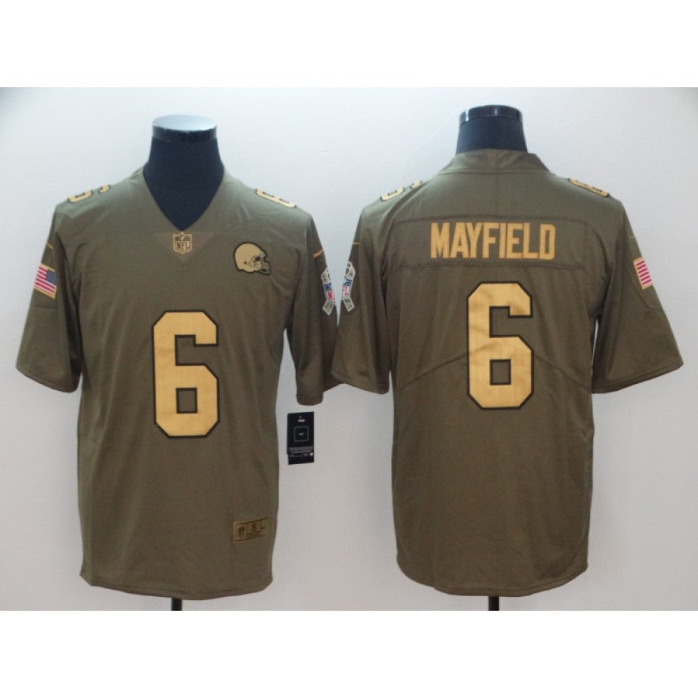 Men's Cleveland Browns #6 Baker Mayfield Gold Anthracite Olive Salute To Service Limited Stitched NFL Jersey 