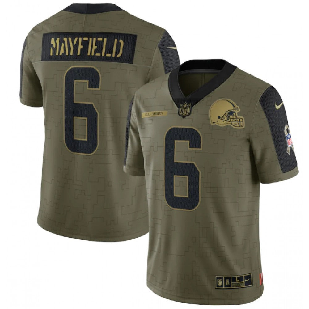 Men's Cleveland Browns #6 Baker Mayfield 2021 Olive Salute To Service Limited Stitched Jersey 