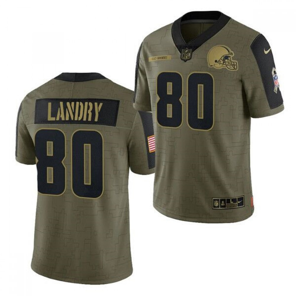 Men's Cleveland Browns #80 Jarvis Landry 2021 Olive Salute To Service Limited Stitched Jersey 