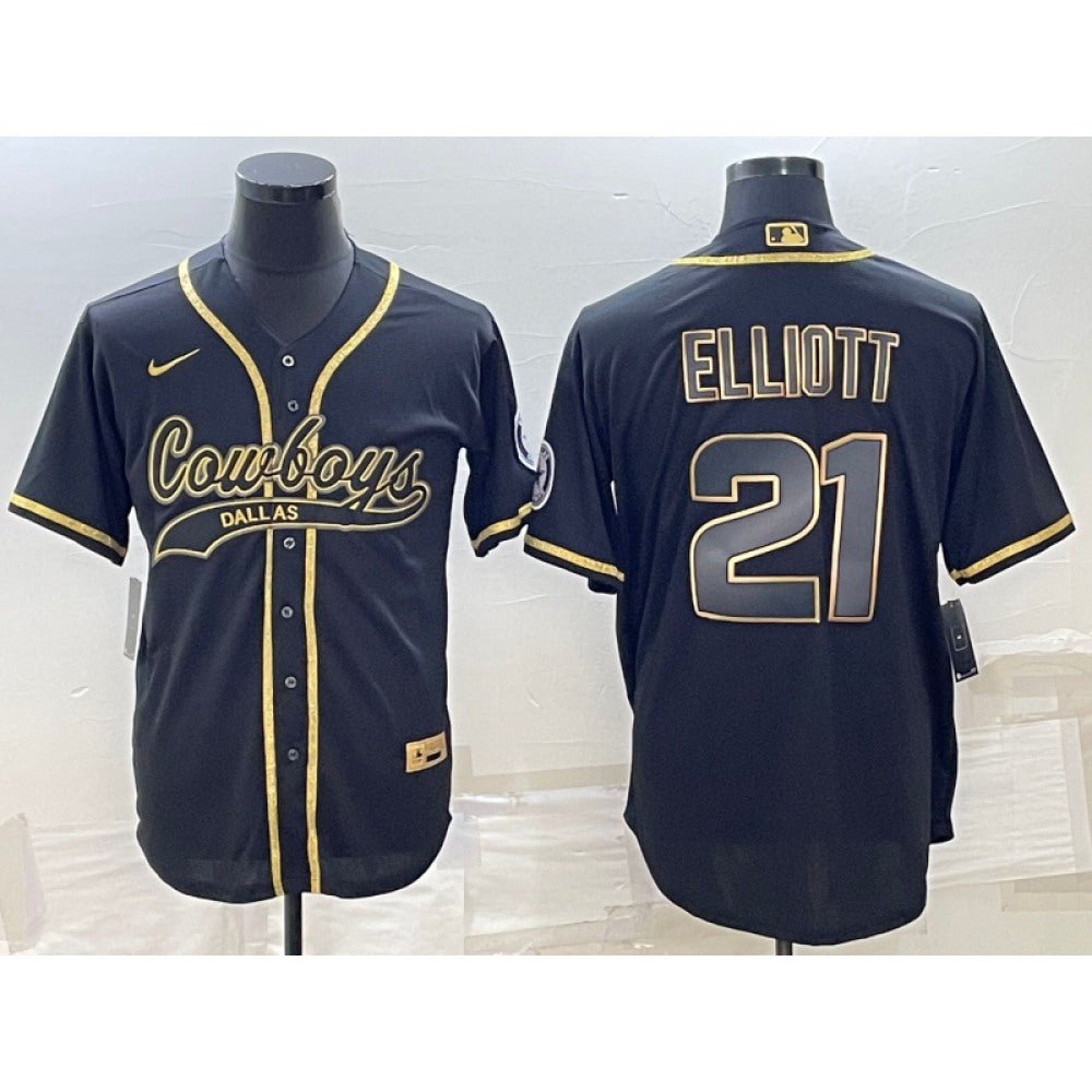 Men's Dallas Cowboys #21 Ezekiel Elliott Black Gold With Patch Cool Base Stitched Baseball Jersey 