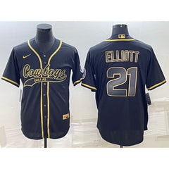 Men's Dallas Cowboys #21 Ezekiel Elliott Black Gold With Patch Cool Base Stitched Baseball Jersey 