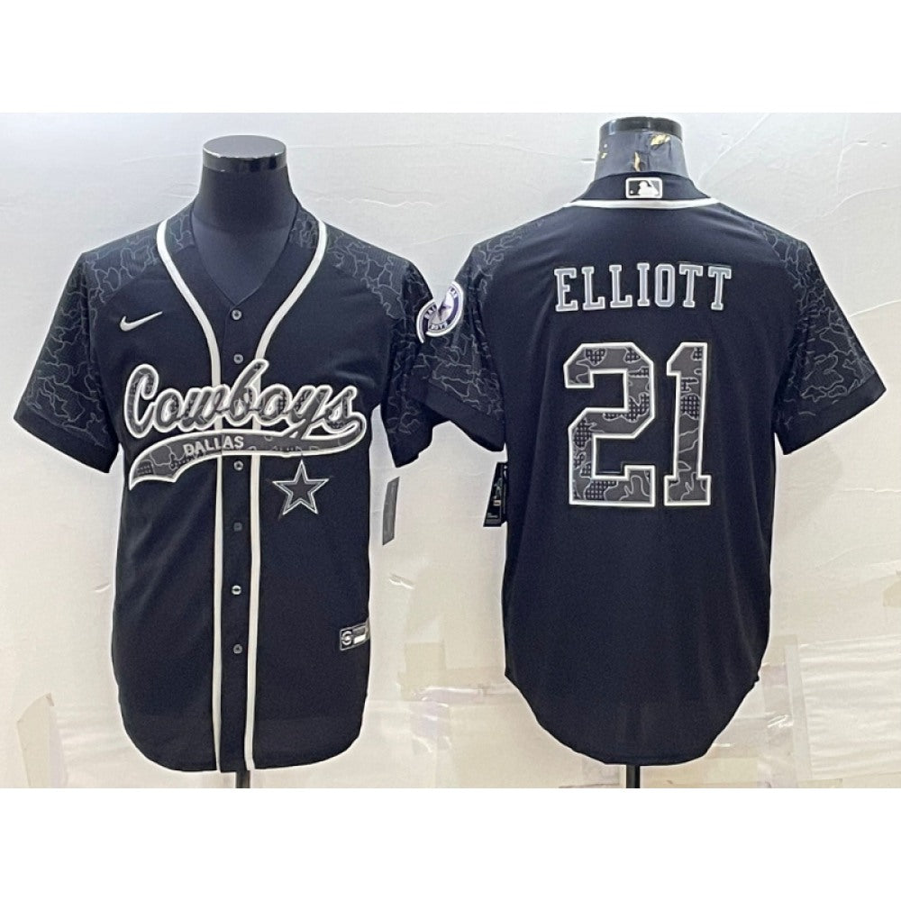 Men's Dallas Cowboys #21 Ezekiel Elliott Black Reflective With Patch Cool Base Stitched Baseball Jersey 