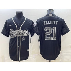 Men's Dallas Cowboys #21 Ezekiel Elliott Black Reflective With Patch Cool Base Stitched Baseball Jersey 