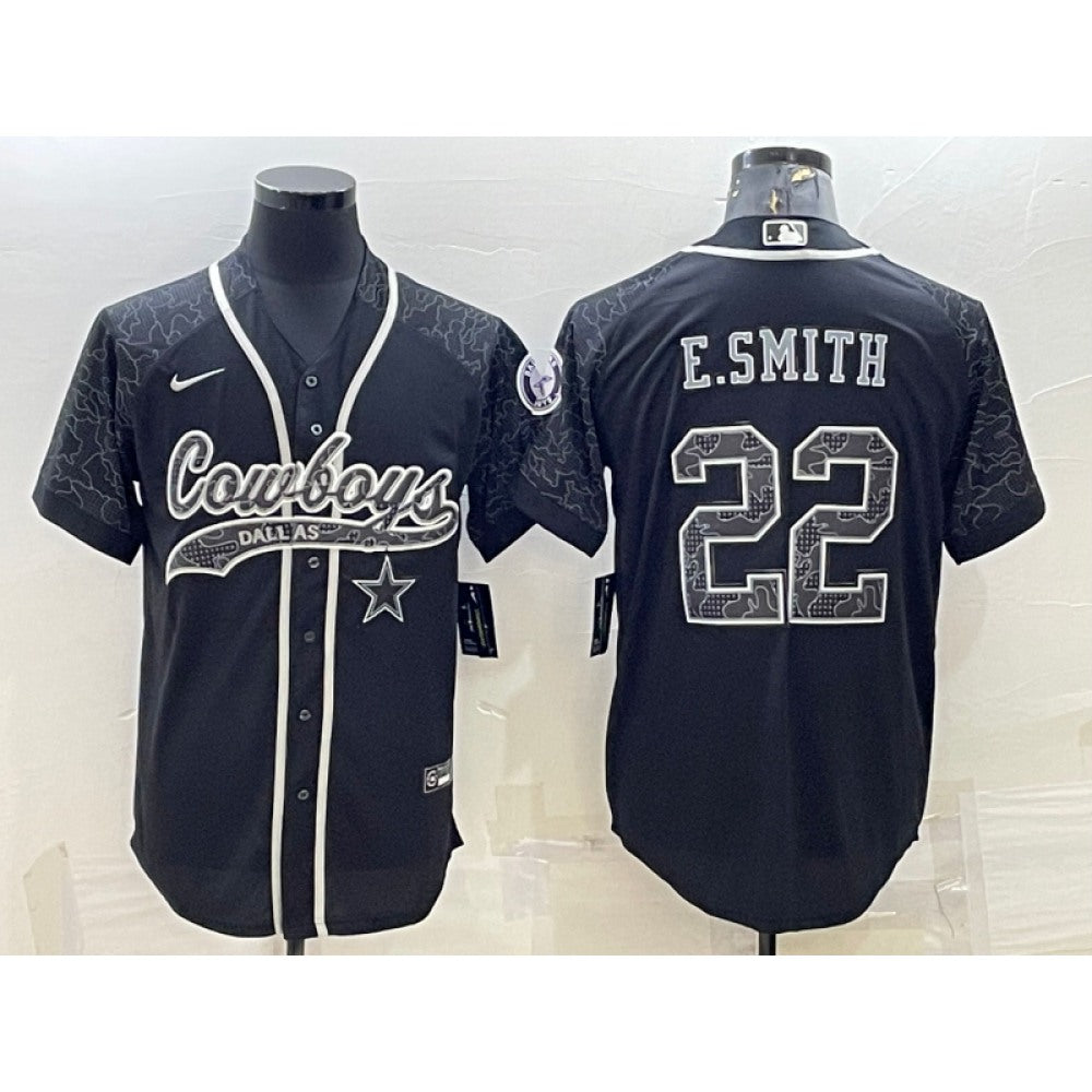 Men's Dallas Cowboys #22 Emmitt Smith Black Reflective With Patch Cool Base Stitched Baseball Jersey 