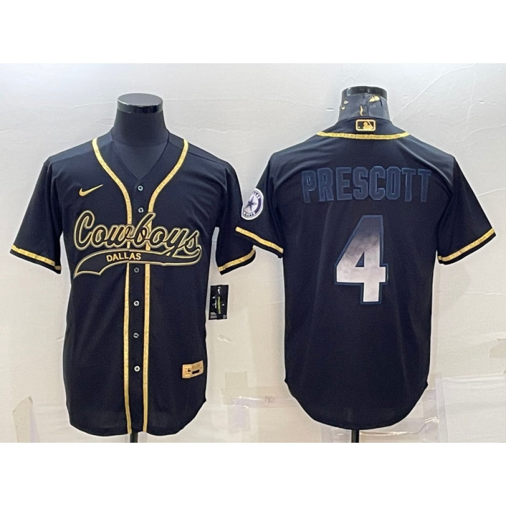 Men's Dallas Cowboys #4 Dak Prescott Black Gold With Patch Cool Base Stitched Baseball Jersey 