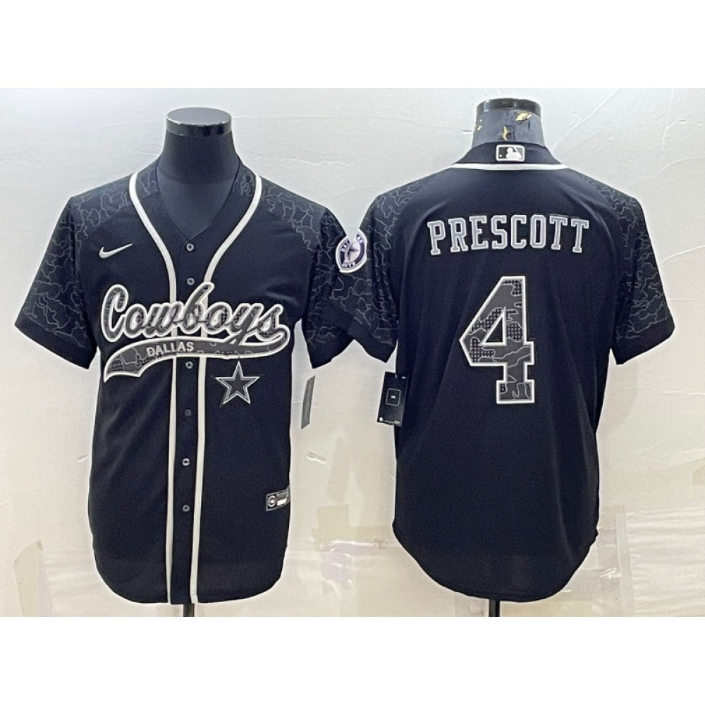 Men's Dallas Cowboys #4 Dak Prescott Black Reflective With Patch Cool Base Stitched Baseball Jersey 