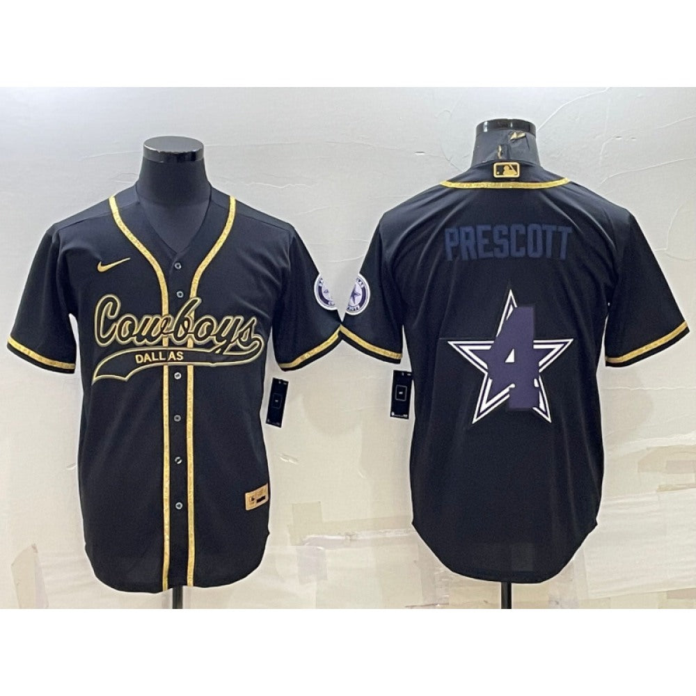 Men's Dallas Cowboys #4 Dak Prescott Black Gold Team Big Logo With Patch Cool Base Stitched Baseball Jersey 