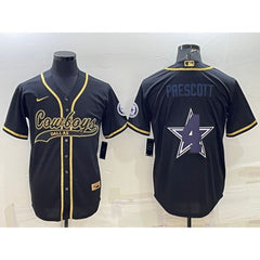 Men's Dallas Cowboys #4 Dak Prescott Black Gold Team Big Logo With Patch Cool Base Stitched Baseball Jersey 