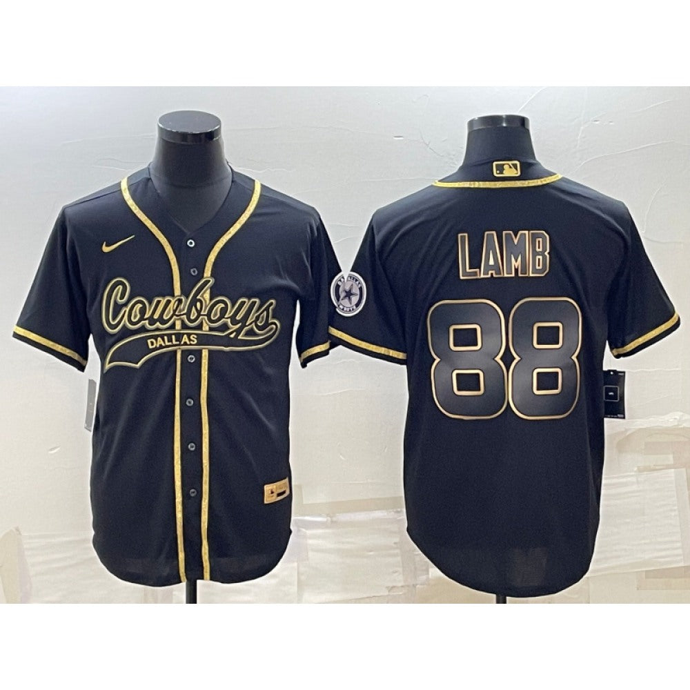 Men's Dallas Cowboys #88 CeeDee Lamb Black Gold With Patch Cool Base Stitched Baseball Jersey 
