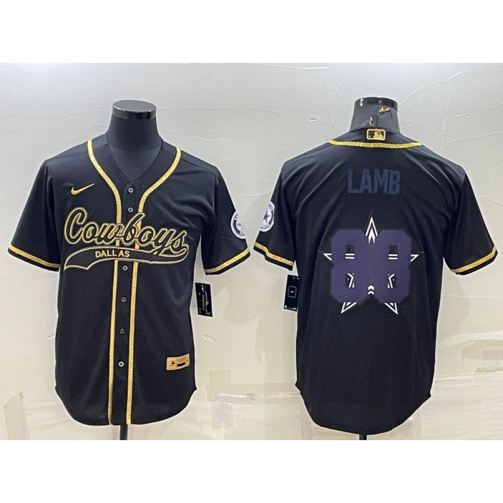 Men's Dallas Cowboys #88 CeeDee Lamb Black Gold Team Big Logo With Patch Cool Base Stitched Baseball Jersey 