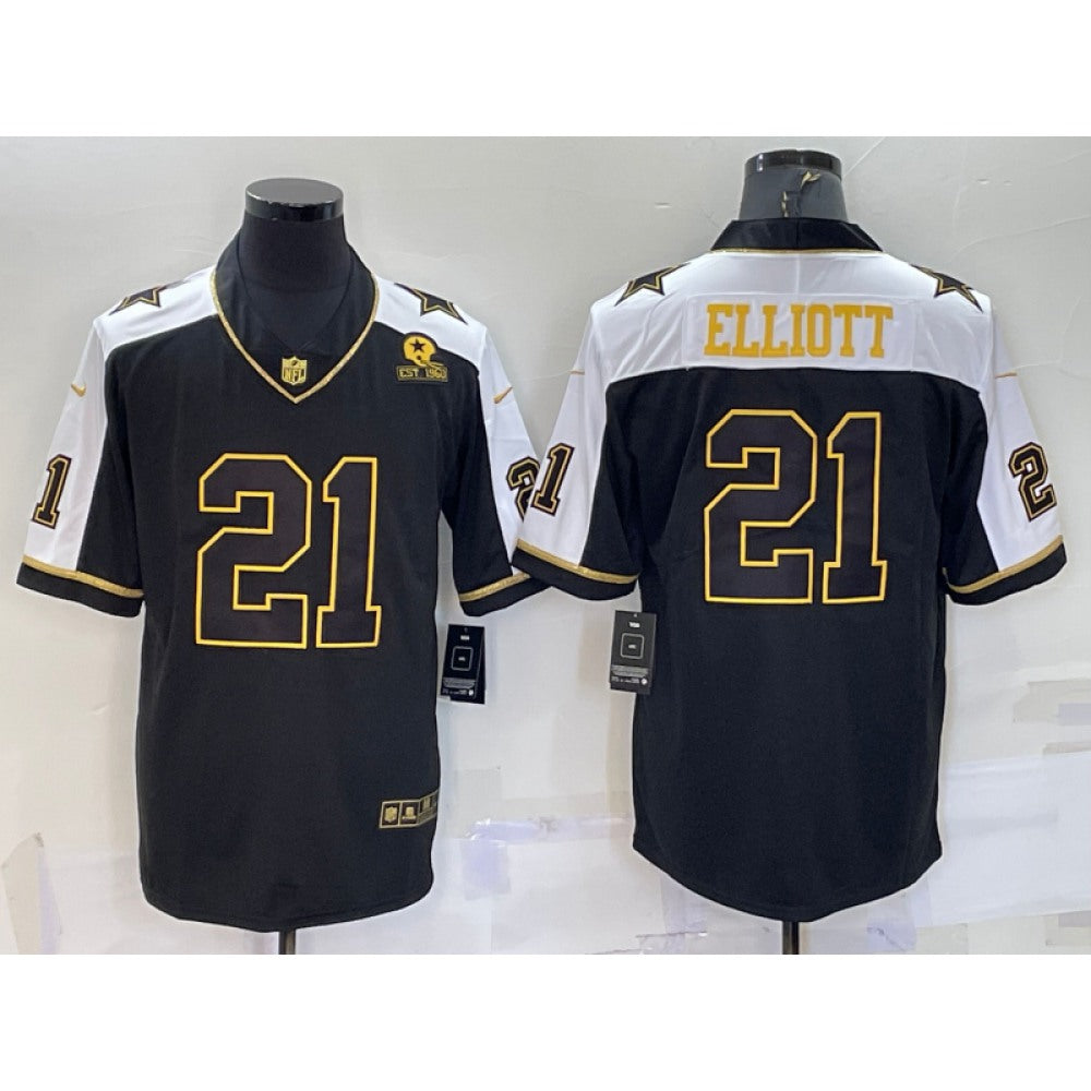 Men's Dallas Cowboys #21 Ezekiel Elliott Black Gold Thanksgiving With Patch Stitched Jersey 