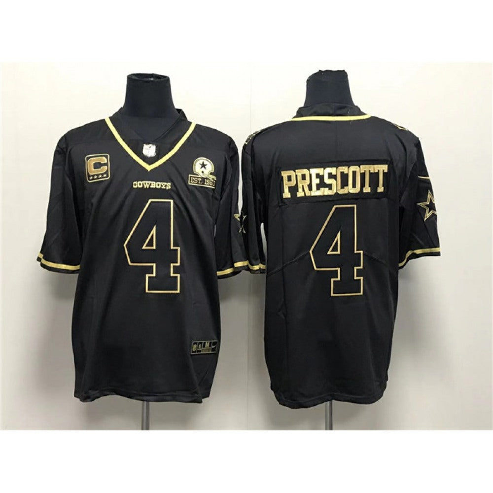 Men's Dallas Cowboys #4 Dak Prescott Black Gold With 1960 PatchAnd 4-Star C Patch Stitched Jersey 