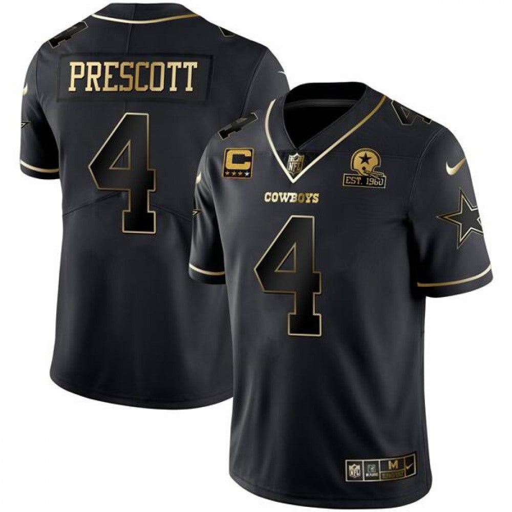 Men's Dallas Cowboys #4 Dak Prescott Black Golden With C Patch Edition Limited Stitched Jersey 