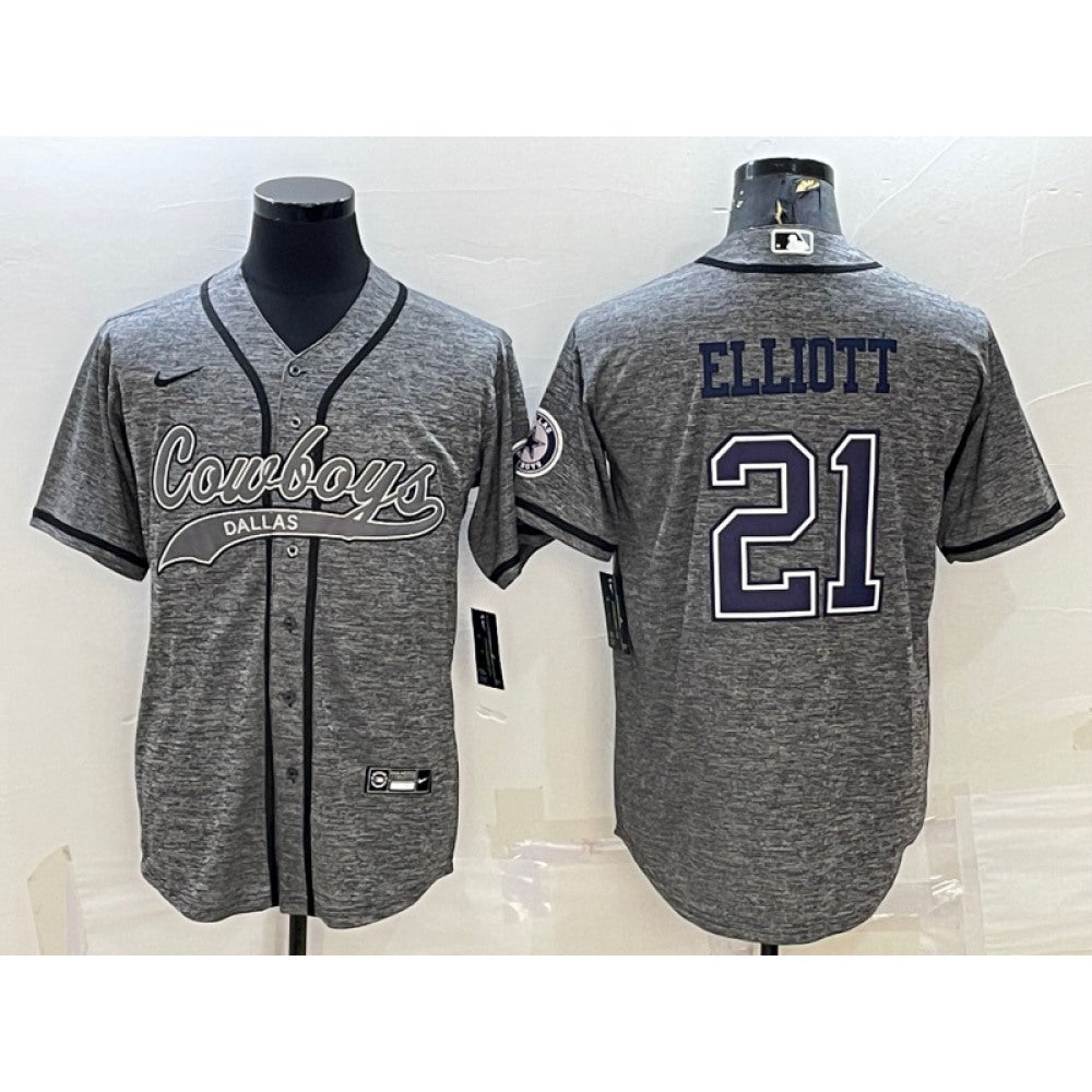 Men's Dallas Cowboys #21 Ezekiel Elliott Grey With Patch Cool Base Stitched Baseball Jersey 