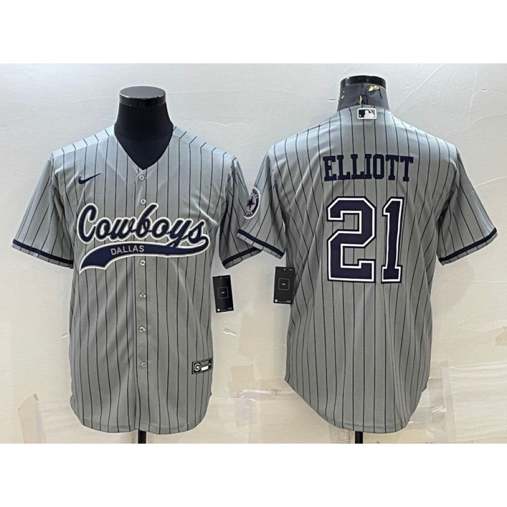 Men's Dallas Cowboys #21 Ezekiel Elliott Grey With Patch Cool Base Stitched Baseball Jersey 