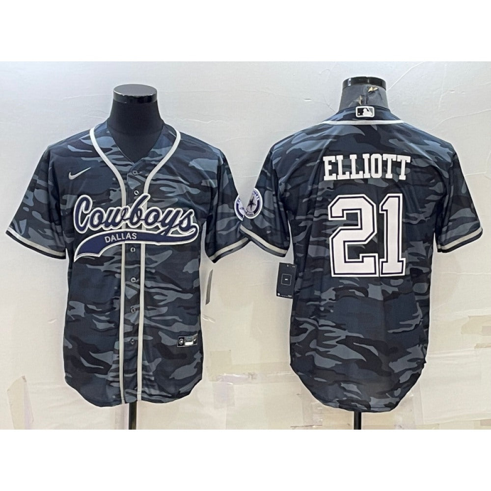 Men's Dallas Cowboys #21 Ezekiel Elliott Grey Camo With Patch Cool Base Stitched Baseball Jersey 