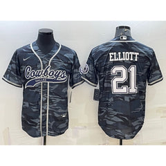 Men's Dallas Cowboys #21 Ezekiel Elliott Grey Camo With Patch Cool Base Stitched Baseball Jersey 