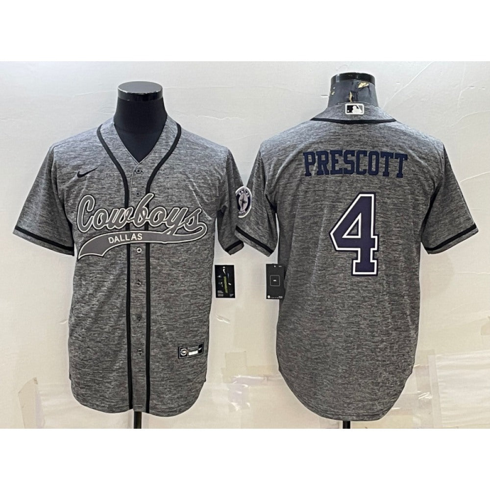 Men's Dallas Cowboys #4 Dak Prescott Grey With Patch Cool Base Stitched Baseball Jersey 
