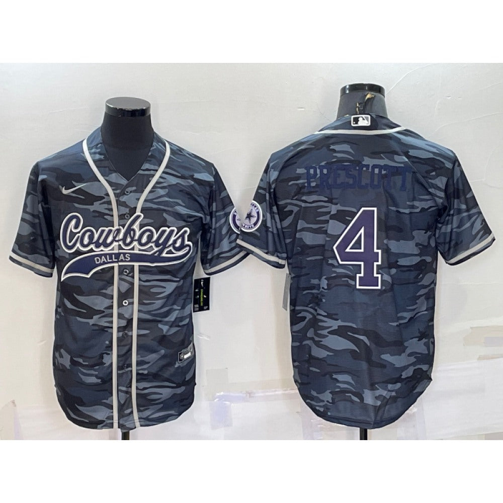 Men's Dallas Cowboys #4 Dak Prescott Grey Navy Camo With Patch Cool Base Stitched Baseball Jersey 