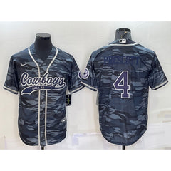 Men's Dallas Cowboys #4 Dak Prescott Grey Navy Camo With Patch Cool Base Stitched Baseball Jersey 