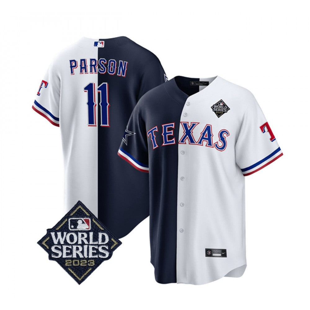Men's Dallas Cowboys & Texas Rangers #11 Micah Parsons Navy/White Splite 2023 World Series Splite Stitched Baseball Jersey 
