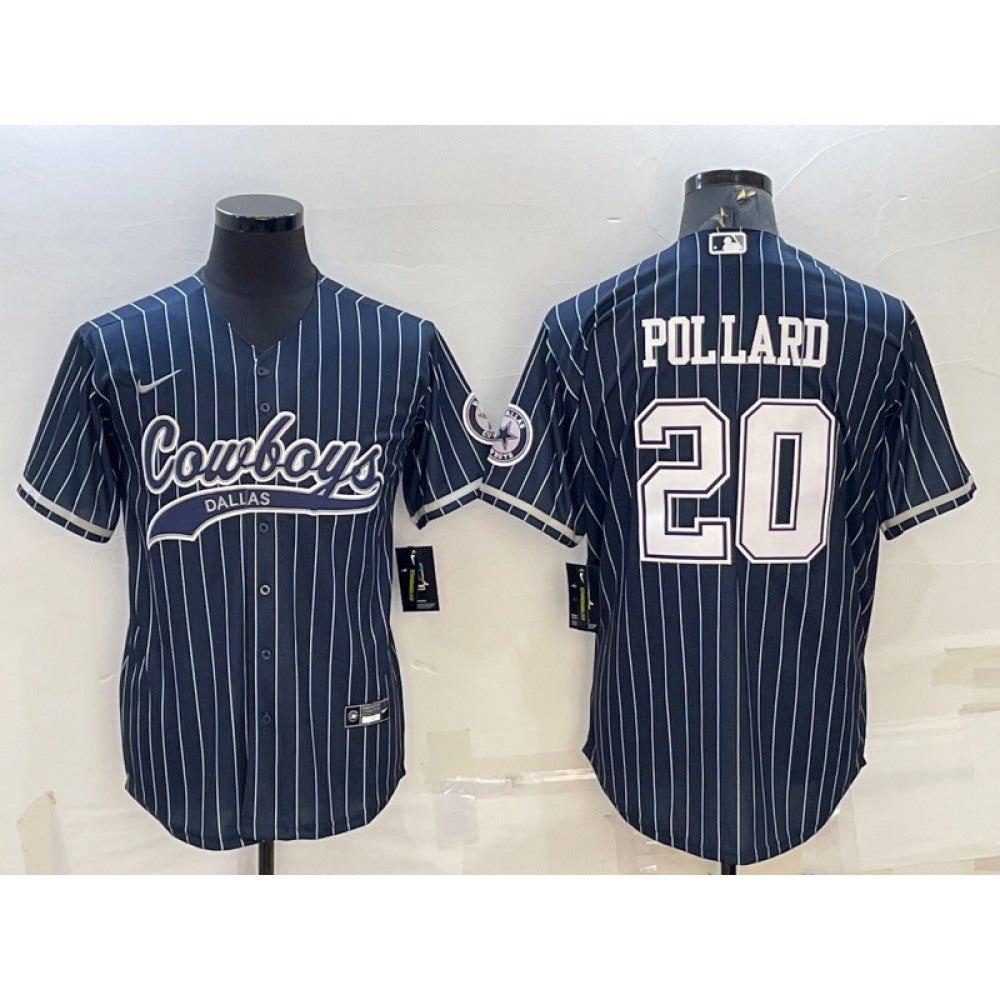 Men's Dallas Cowboys #20 Tony Pollard Navy With Patch Cool Base Stitched Baseball Jersey 