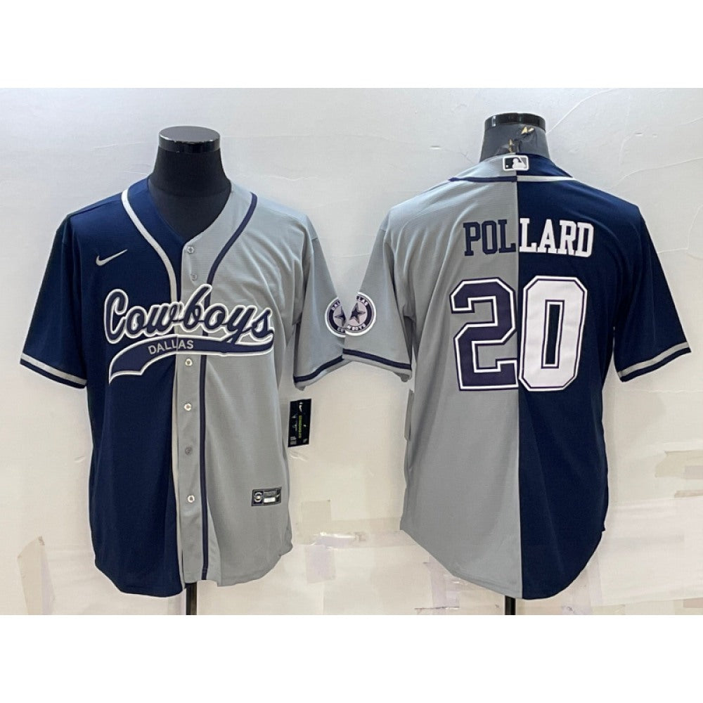 Men's Dallas Cowboys #20 Tony Pollard Navy/Grey Split With Patch Cool Base Stitched Baseball Jersey 