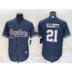 Men's Dallas Cowboys #21 Ezekiel Elliott Navy With Patch Cool Base Stitched Baseball Jersey 