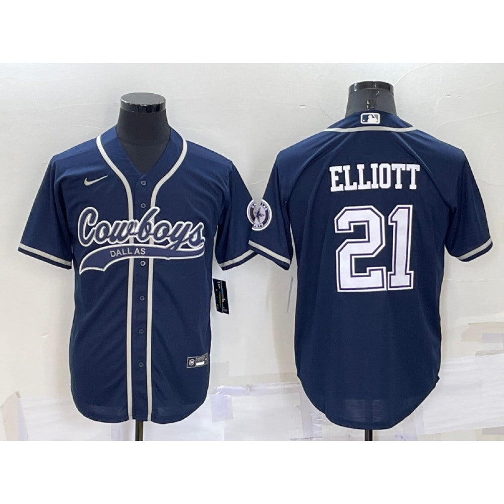 Men's Dallas Cowboys #21 Ezekiel Elliott Navy Cool Base Stitched Baseball Jersey 