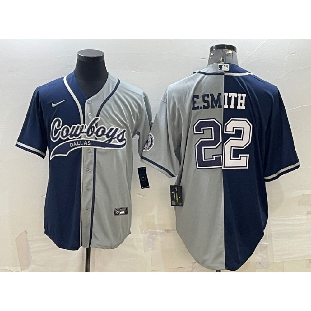 Men's Dallas Cowboys #22 Emmitt Smith Navy/Grey Split With Patch Cool Base Stitched Baseball Jersey 