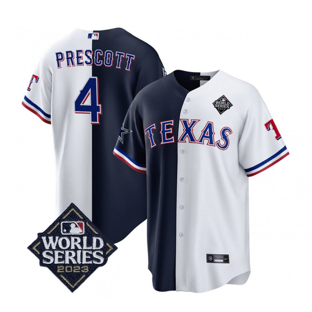 Men's Dallas Cowboys & Texas Rangers #4 Dak Prescott Navy/White Splite 2023 World Series Splite Stitched Baseball Jersey 