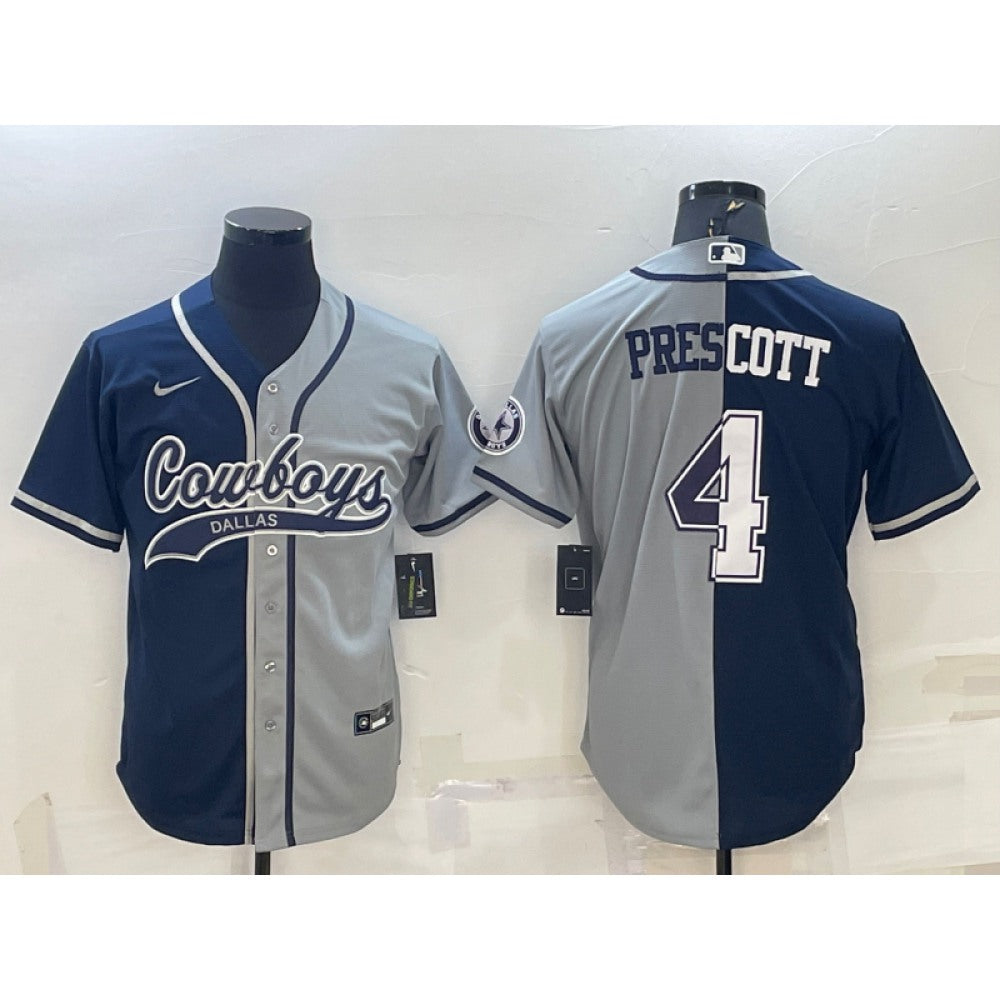 Men's Dallas Cowboys #4 Dak Prescott Navy/Grey Split With Patch Cool Base Stitched Baseball Jersey 