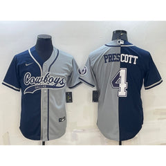 Men's Dallas Cowboys #4 Dak Prescott Navy/Grey Split With Patch Cool Base Stitched Baseball Jersey 