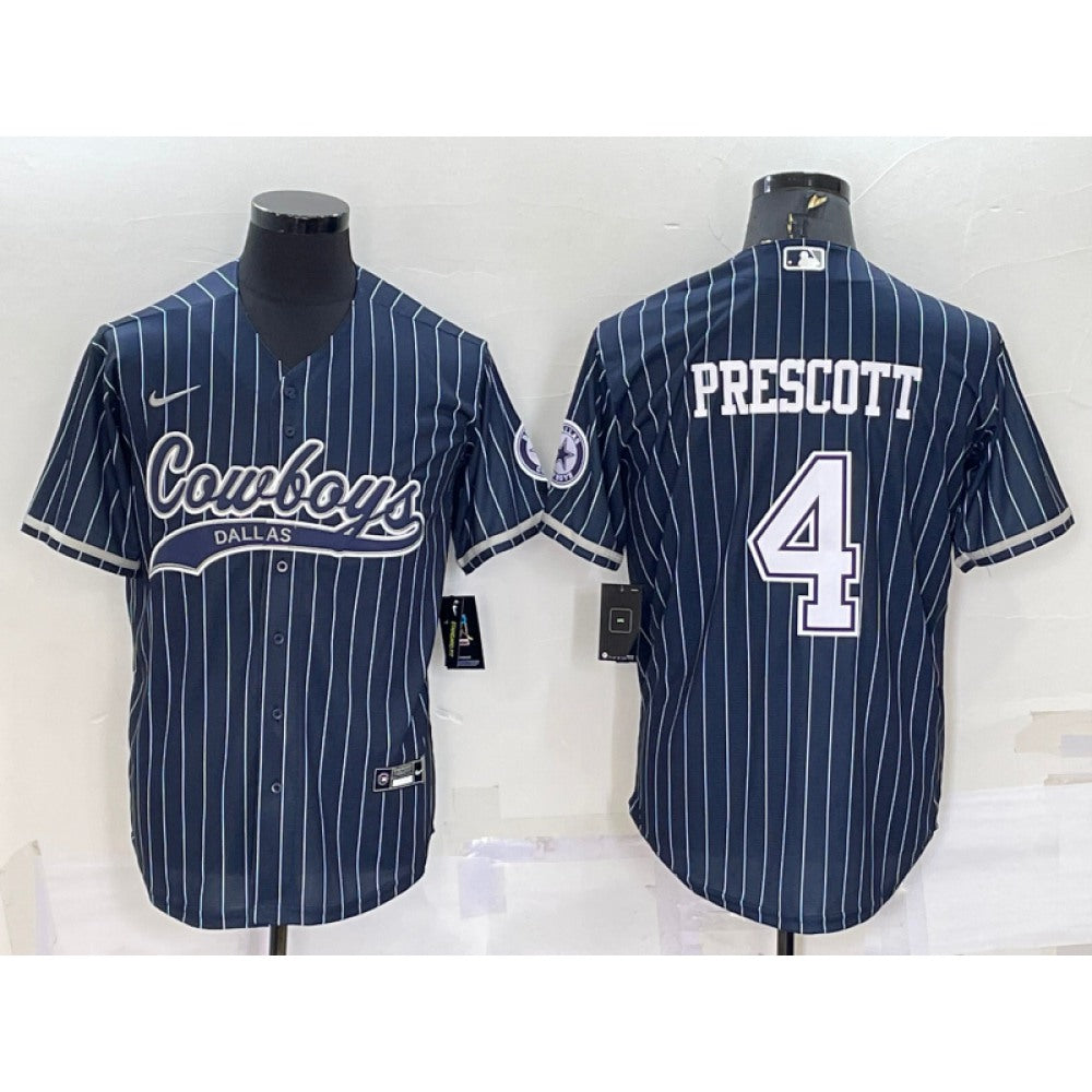 Men's Dallas Cowboys #4 Dak Prescott Navy With Patch Cool Base Stitched Baseball Jersey 