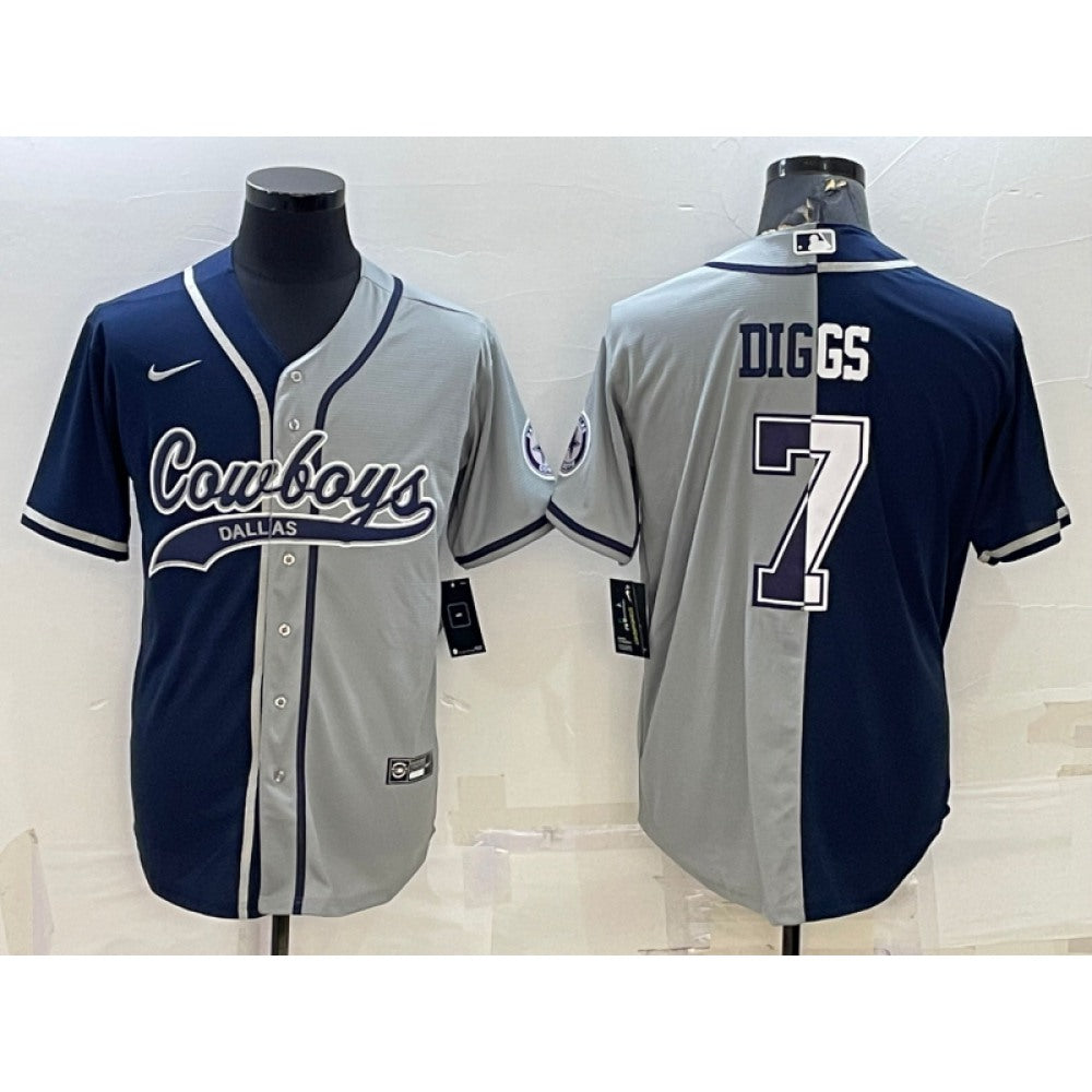 Men's Dallas Cowboys #7 Trevon Diggs Navy/Grey Split With Patch Cool Base Stitched Baseball Jersey 
