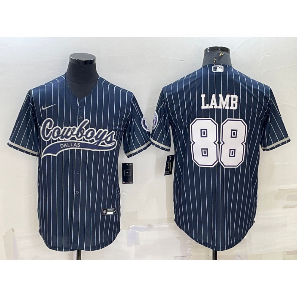 Men's Dallas Cowboys #88 CeeDee Lamb Navy With Patch Cool Base Stitched Baseball Jersey 