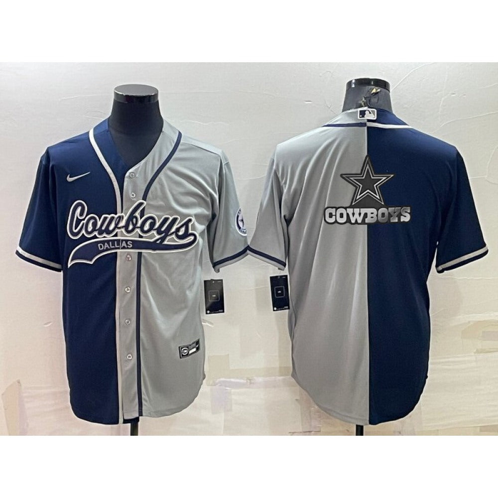 Men's Dallas Cowboys Navy/Grey Split Team Big Logo With Patch Cool Base Stitched Baseball Jersey 