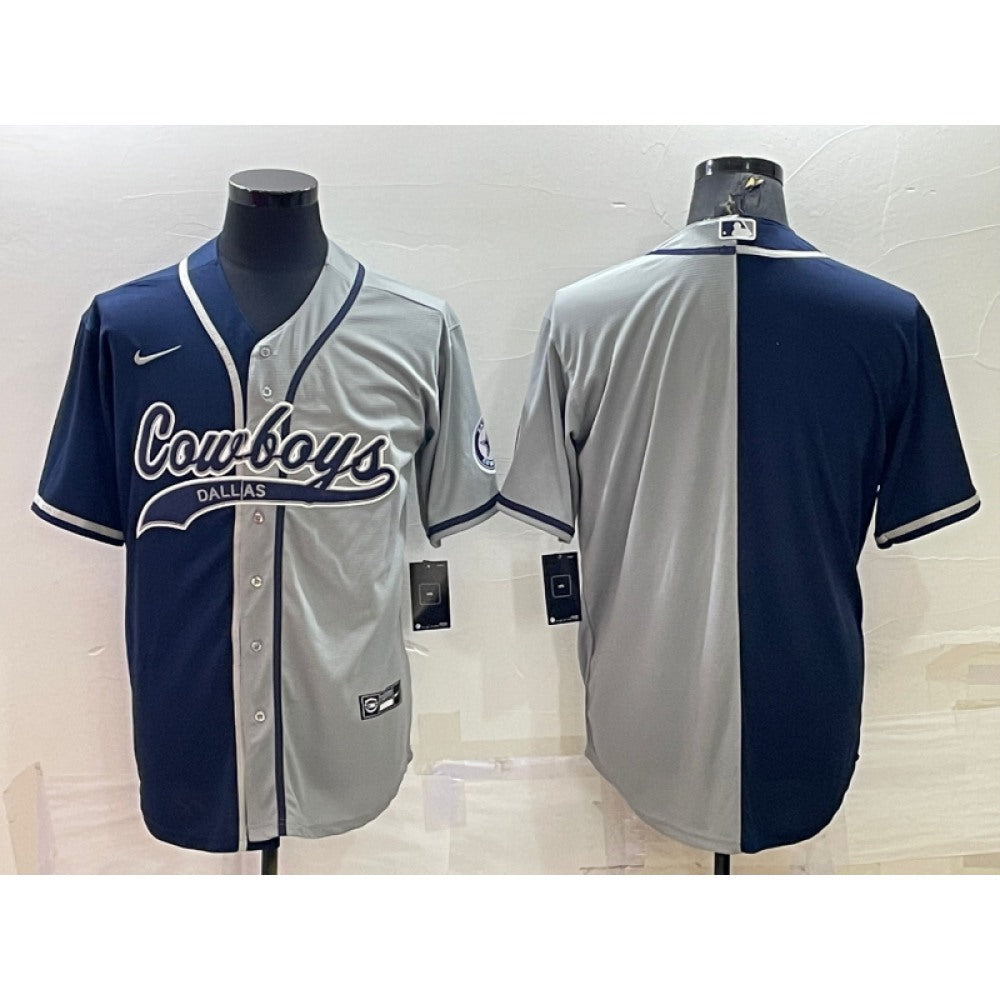 Men's Dallas Cowboys Blank Navy/Grey Split With Patch Cool Base Stitched Baseball Jersey 