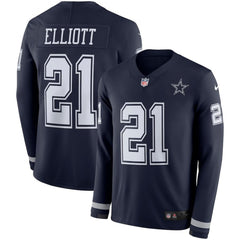 Men's Dallas Cowboys #21 Ezekiel Elliott Navy Therma Long Sleeve Stitched NFL Jersey 