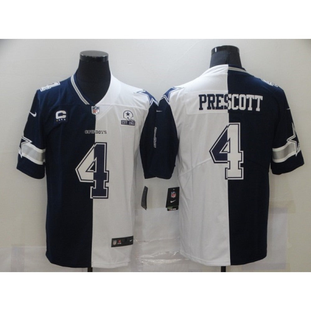 Men's Dallas Cowboys #4 Dak Prescott Navy White Split With C Patch Stitched Jersey 