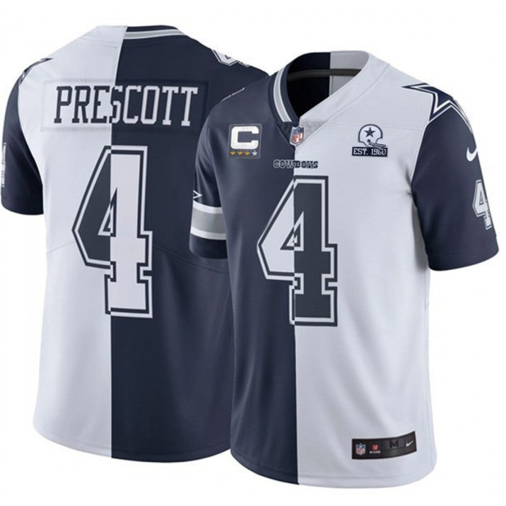 Men's Dallas Cowboys #4 Dak Prescott Navy White Split With C Patch And 1960 Patch Limited Stitched Jersey 