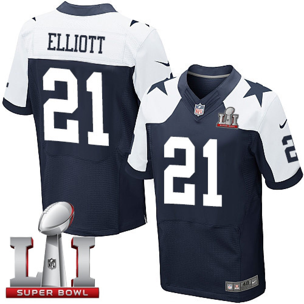 Cowboys #21 Ezekiel Elliott Navy Blue Thanksgiving Men's Stitched NFL Super Bowl LI 51 Throwback Elite Jersey 