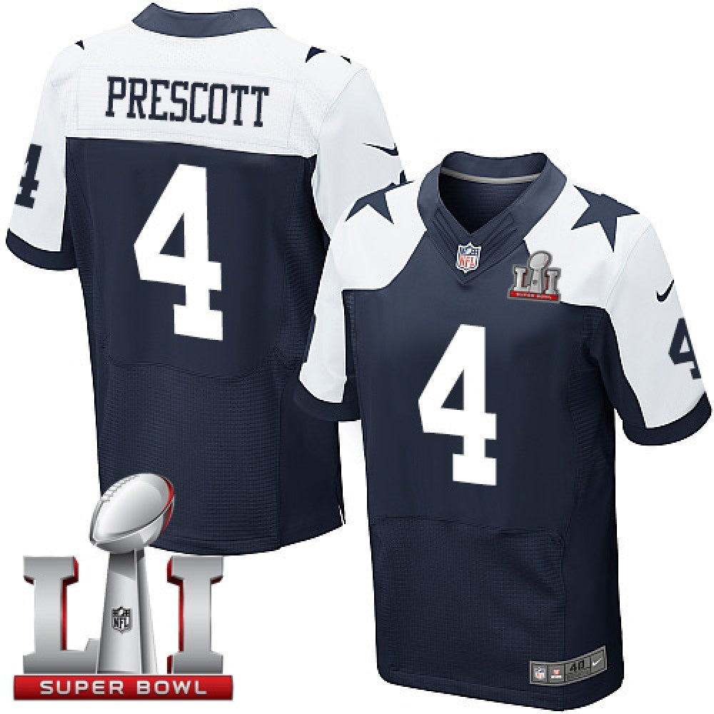 Cowboys #4 Dak Prescott Navy Blue Thanksgiving Men's Stitched NFL Super Bowl LI 51 Throwback Elite Jersey 